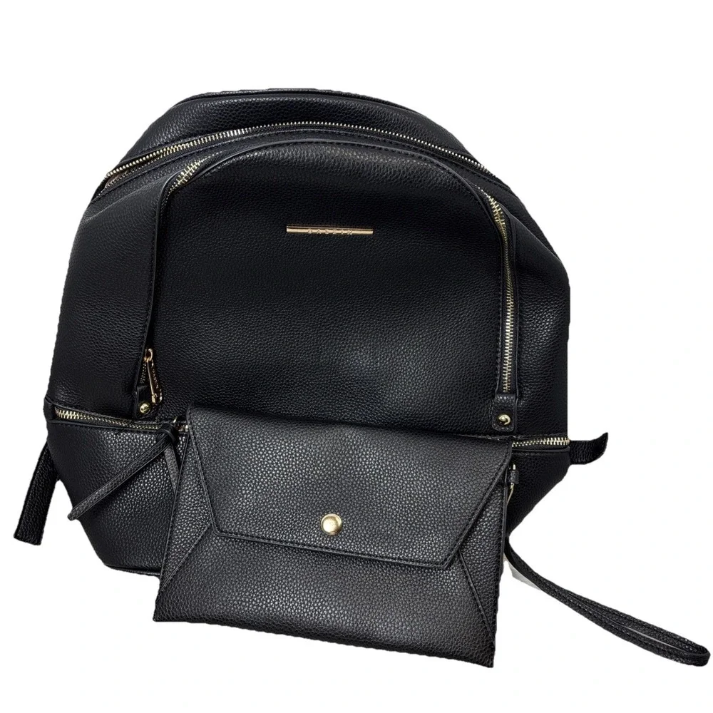 Dasein‎ Black Faux Leather Backpack and Matching Wristlet Set Gold Hardware NWOT